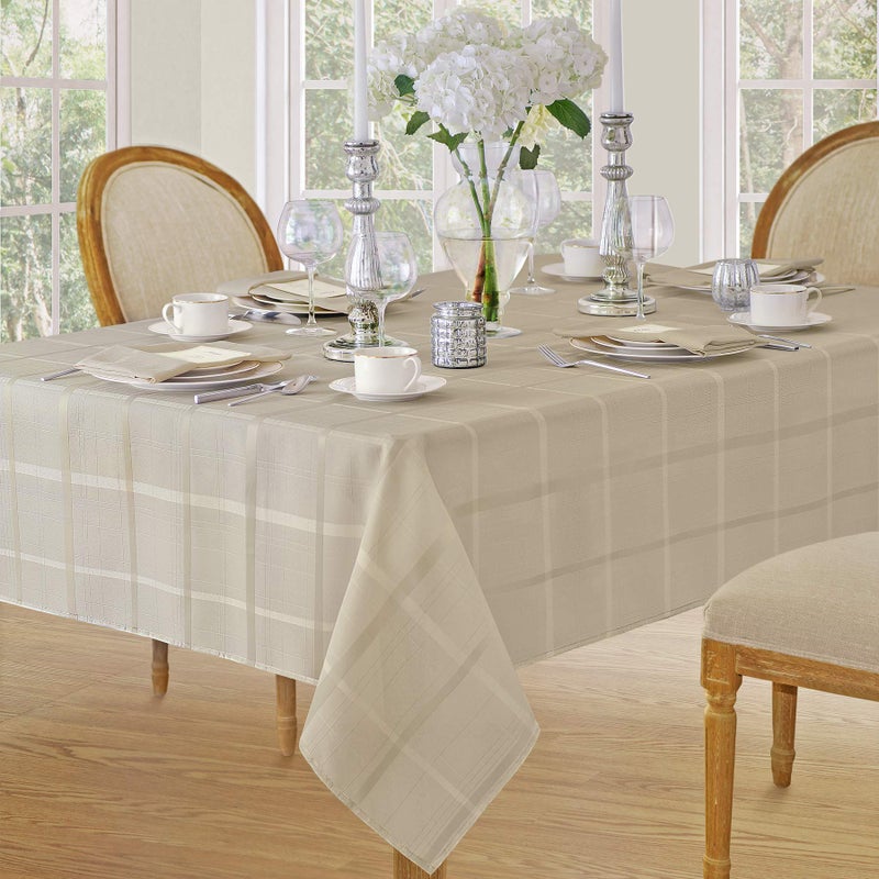 Newbridge 60 x 84 Inch Oval Fabric Tablecloth, Elegance Plaid, 100% Polyester, No Iron Soil Resistant Dining Room, Party and Banquet Table Cover, Solid Textured, Beige - Image 2